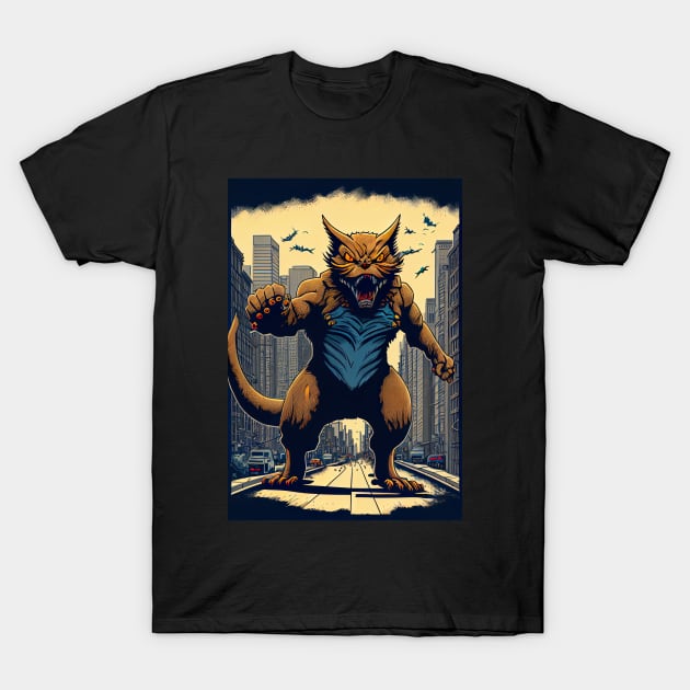 Giant Angry Cat attacking a city T-Shirt by KoolArtDistrict